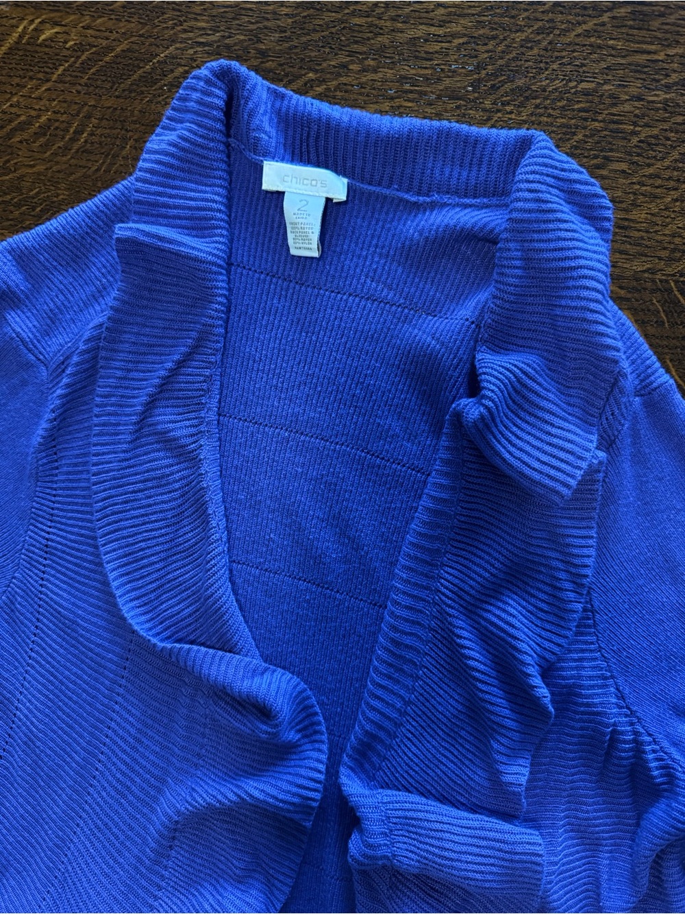 CHICO’S Ruffle Edge Purple Blue Ruffle-Front Open Cardigan Sweater — #LHP - Picture 9 of 16